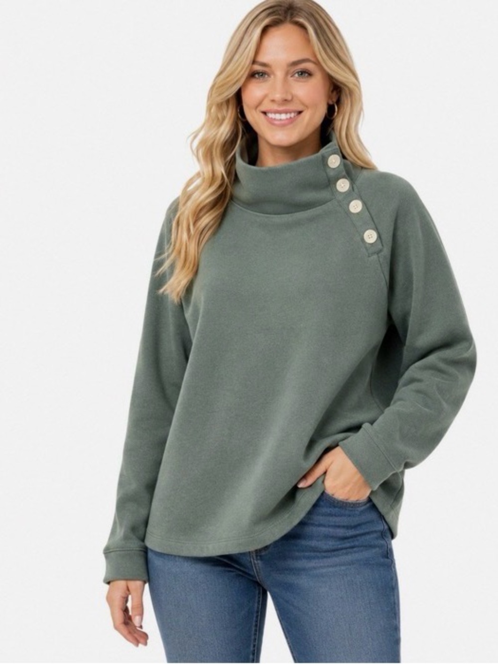 J.Crew Factory Wide Button Collar Pullover Sweatshirt, Sage Green, Size L